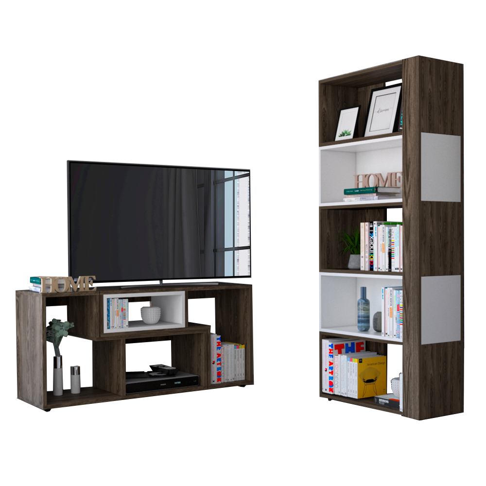 Rack Extensible + Biblioteca Cubo Beijing Color Coñac y Blanco Para Sala De Estar